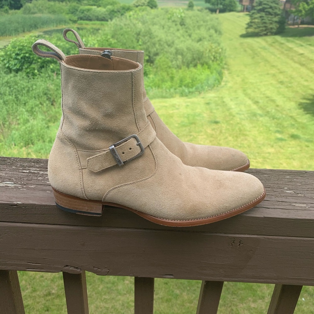 Oro Los Angeles Men's Suede Strap Chelsea Boots in Beige